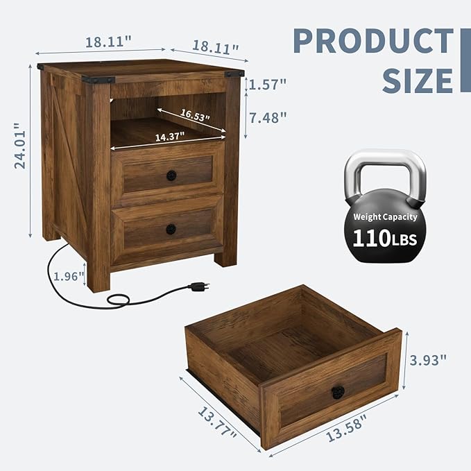 MUUEGM Farmhouse End Table with Charging Station, Side Table for Living Room, Sofa Side Table with Drawers and Storage Cabinet, Night Stand for Bedroom, Brown, Set of 2