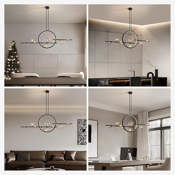 CROSSIO Modern Black LED Pendant Light, 10-Light Kitchen Island Chandelier with Glass Globe Shades, Adjustable Linear Light Fixture for Dining Room and Living Room