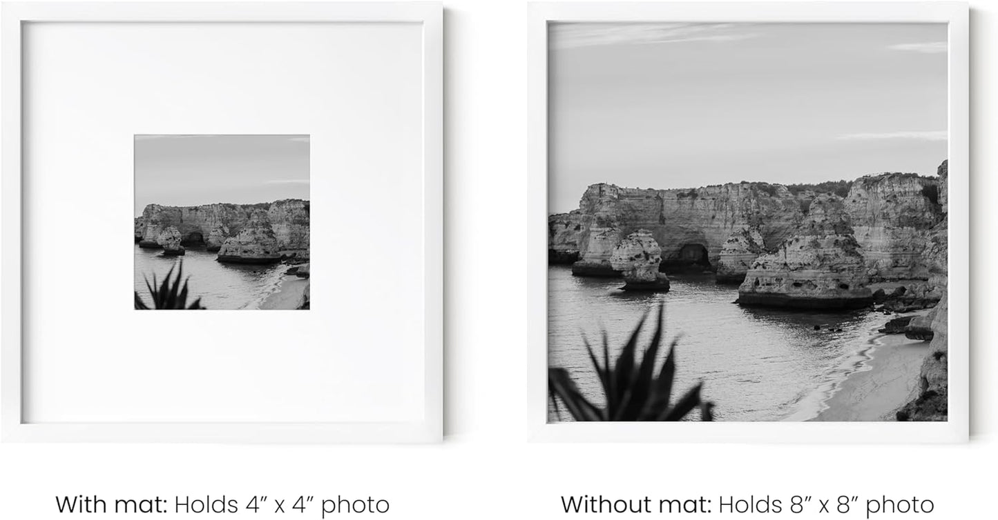 HAUS AND HUES 8x8 White Metal Picture Frames Matted to 4x4 - Features Premium Aluminum & Hanging Hardware, Shatterproof Plexiglass - Ideal for Home, Room, Office (8x8 in, White, Set of 9)