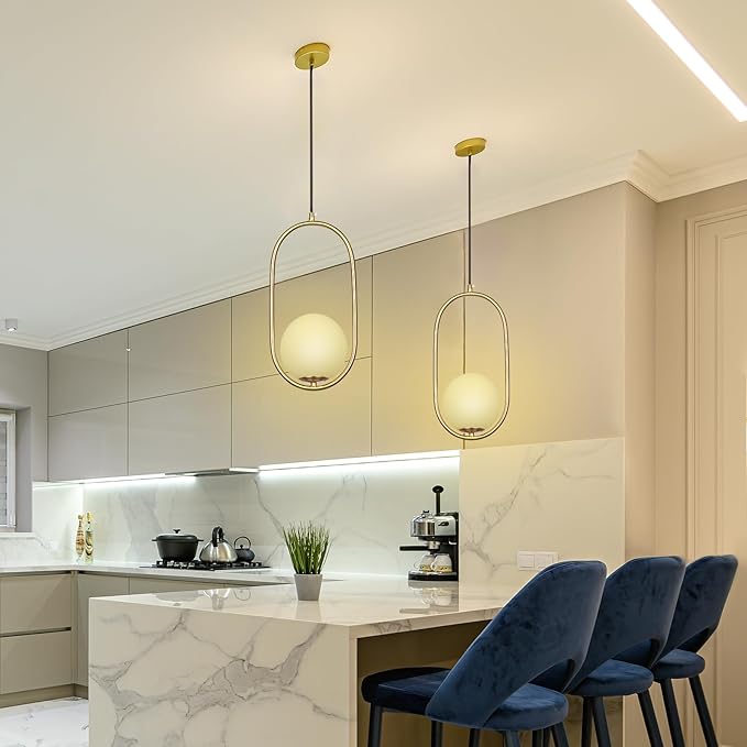 lobolighting Pendant Light Fixtures, 2 Pack Modern Gold Pendant Lighting Adjustable Height Mid Century Chandelier, Frosted Glass Globe Single Hanging Light for Kitchen Island Dining Room Bedroom