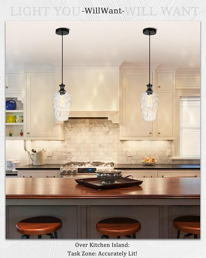 Black Pendant Lights Kitchen Island, Modern Farmhouse Hanging Ceiling Light with Hammered Glass for Dining Room Kitchen Sink