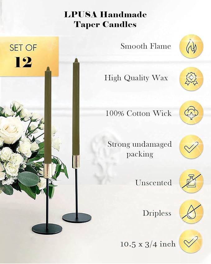 Olive Ribbed Taper Candles 10.5 inch Green Tapered Candles Ideal as Dinner Candle Smokeless and Unscented Candle Sticks Long Burning,Set of 12