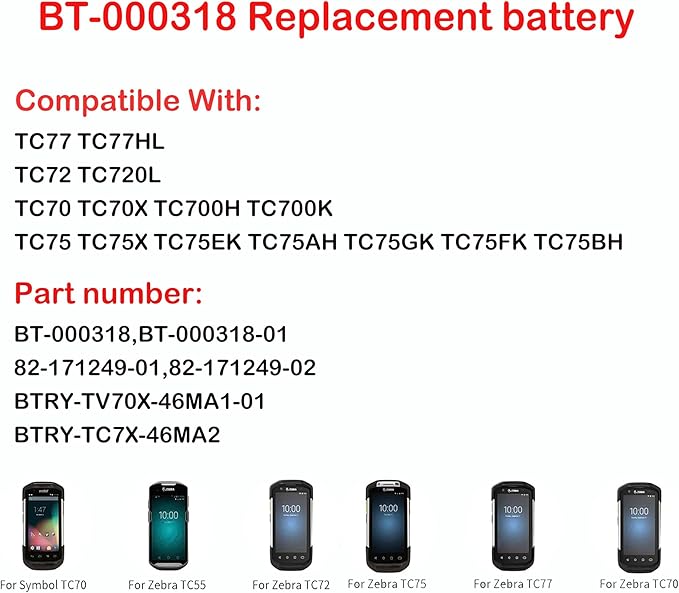 8 Pack TC77 Battery Replacement for Zebra Barcode Scanner BT-000318,Compatible with Zebra Symbol Motorola TC70, TC72, TC75, TC77, TC700h, TC700k, TC720l, TC75x, TC75EK, TC75AH, TC75GK, TC77HL