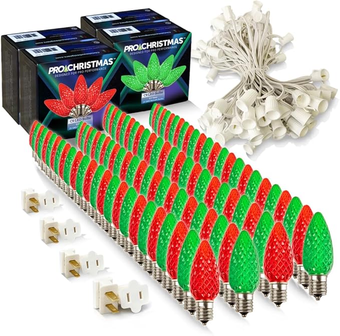 Pro Christmas C9 LED Christmas Light Kit for Rooflines & Pathways – DIY Cut to Length, Outdoor Commercial Grade (White Wire w/Vampire Plugs, 100 Bulbs, 100 ft) Red and Green