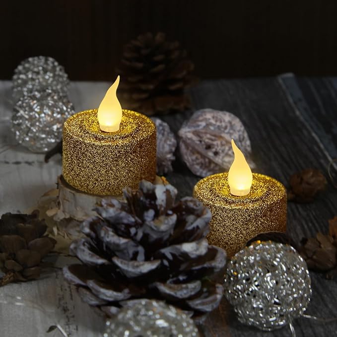 FURORA LIGHTING Gold Glitter LED Tealight Candles Pack of 12, Flameless Flickering Tealight Candles for Home Décor, 1.5’’(W) x 1.65’’(H), Battery Operated