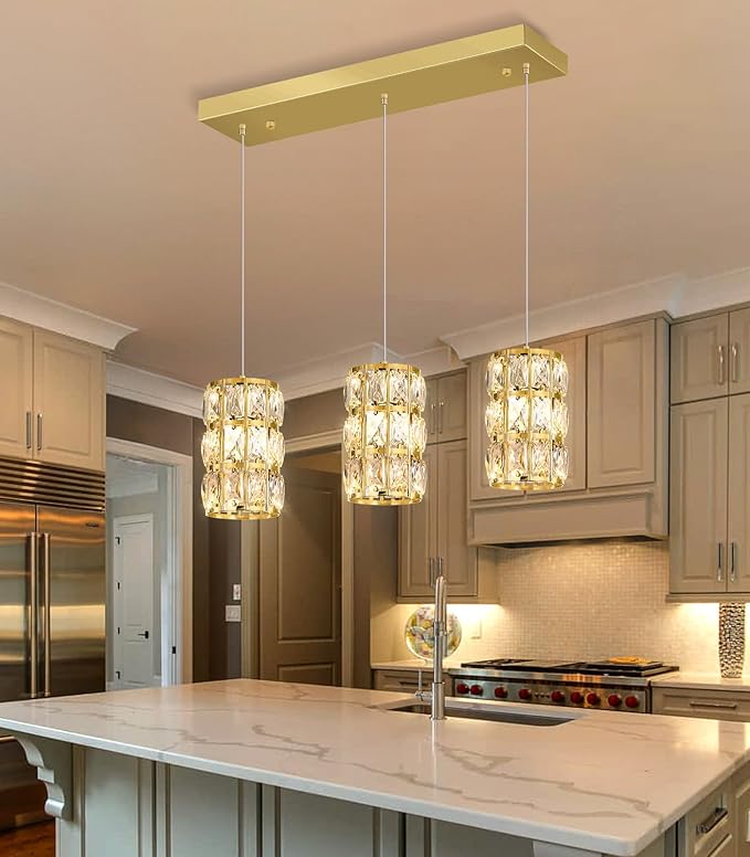 3-Lights Rectangle Modern Crystal Pendant Lights for Kitchen Island LED Dimmable Glam Pendant Lighting Chandelier for Dining Room Hallway Corner Lamp Gold
