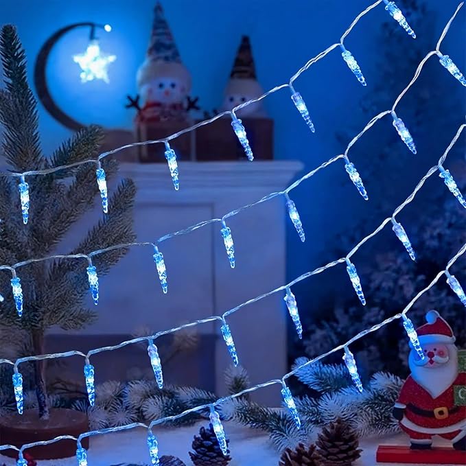 Christmas Icicle Light，19.6ft 40 LED Blue Icicle String Lights Indoor, Hanging Icicle Christmas Lights for Eave Holiday Garden Indoor Outdoor Xmas Decorations