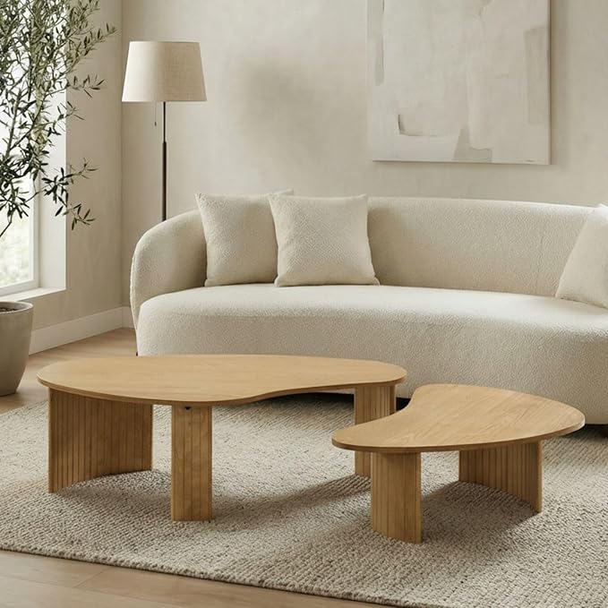 Modern Wood Coffee Table 47.25 Inch for Living Room, Natural Boho Center Table with Irregular Mango Top and Fluted Legs for Apartment