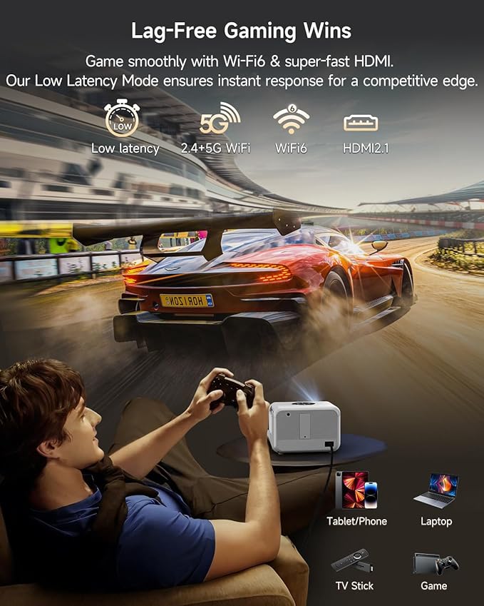 Smart 4K Projector Portable with Auto Focus, Triple Brightness, Dolby Audio, Official Apps for Outdoor Movie Night Home Theater Video Gaming, HDMI eARC/CEC WiFi6 BT5.4, Halloween Christmas Holiday