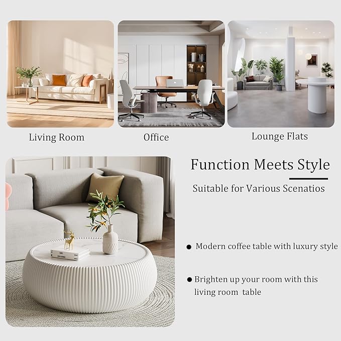 27.55" White Round Coffee Table, Drum Coffee Table with Sintered Stone Tabletop and Fluted PU Leather Covered and Stable Base, Circle Cocktail Tea Table for Living Room