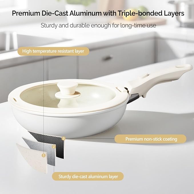 ROVSUN 22 Pcs Nonstick Pots and Pans Set, Cast Aluminum Kitchen Cookware Set with Detachable Handles, RV Kitchen Cooking Set and Utensils, Dishwasher Safe, PFAS PFOA & PFOS Free, Cream White
