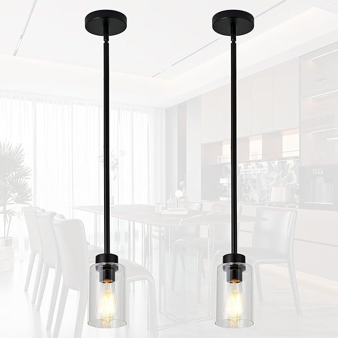 2 Pack Modern Black Farmhouse Clear Glass Cylinder,Black Pendant Lights Kitchen Island for Kitchen Light Fixtures