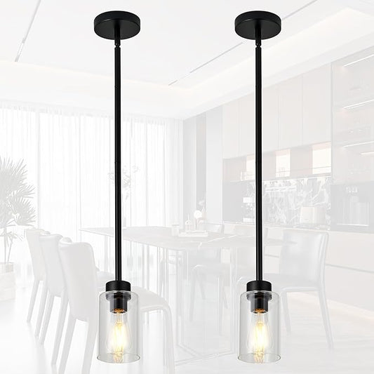 2 Pack Modern Black Farmhouse Clear Glass Cylinder,Black Pendant Lights Kitchen Island for Kitchen Light Fixtures