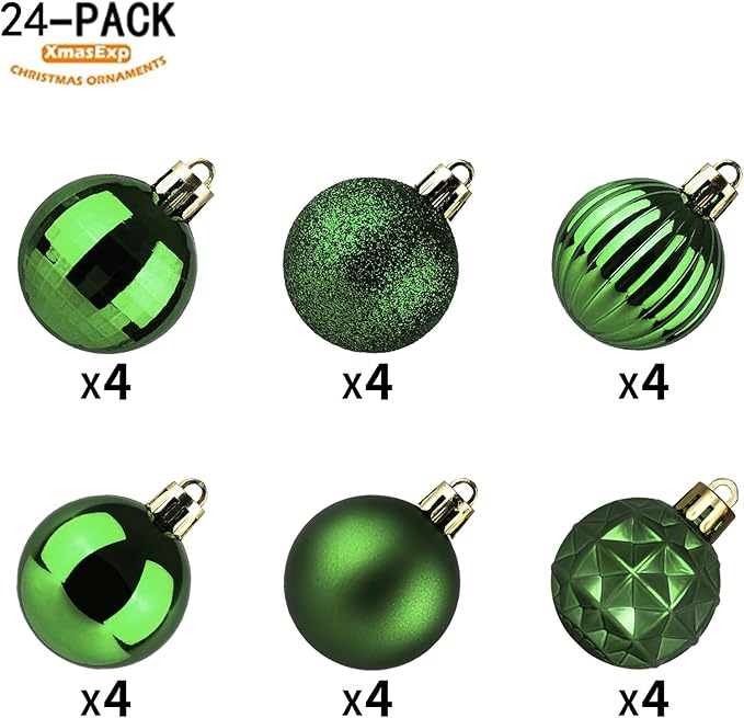 XmasExp 24ct Christmas Ball Ornaments Shatterproof Christmas Ornaments Set Decorations for Xmas Tree Balls 40mm/1.57" (Dark Green)