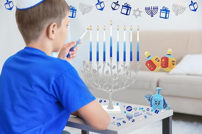 The Dreidel Company Deluxe Tapered Hanukkah Menorah Tri Color Blue, Blue, and White, Candles for All 8 Nights of Chanukah (5-Pack)