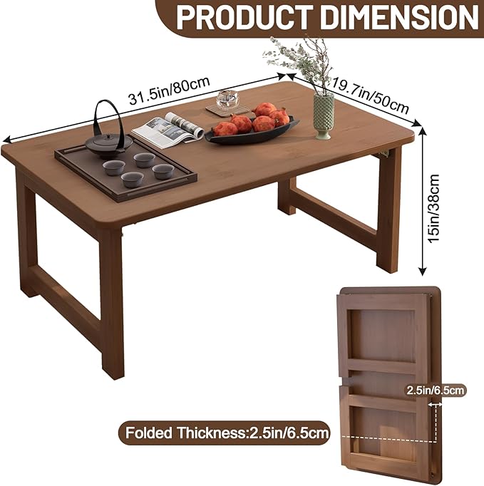 Japanese Floor Table, Bamboo Folding Coffee Table, Portable Solid Wood Japanese Tatami Tea Table Table, No Assembly Japanese Dining Table for Sitting on The Floor, Easy Storage (Dark Walnut)
