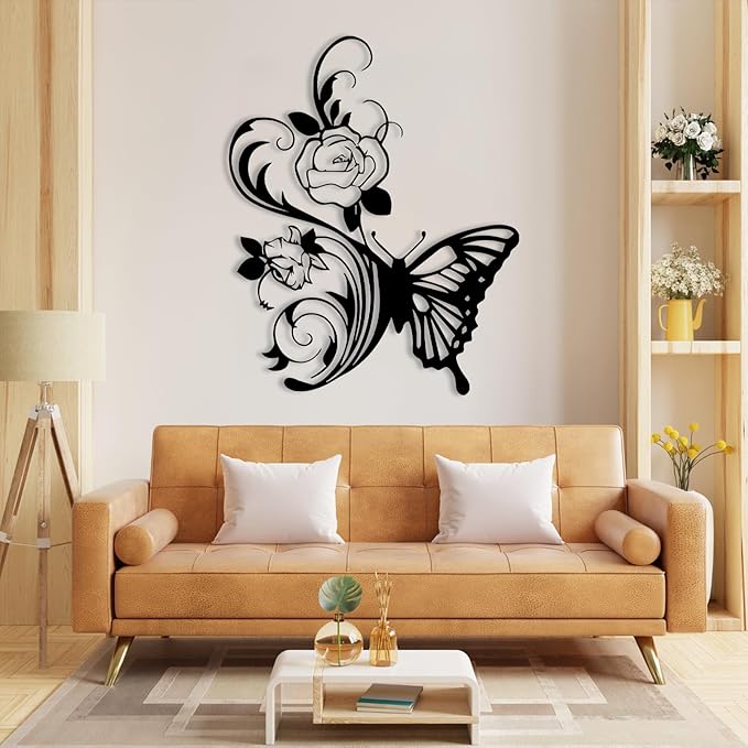 RUNBOAT Metal Flower Butterfly Wall Art - Butterfly And Flowers Wall Decor, Floral Wall Sculpture for Living Room, Bedroom (Black, 39x32in|100x81cm)