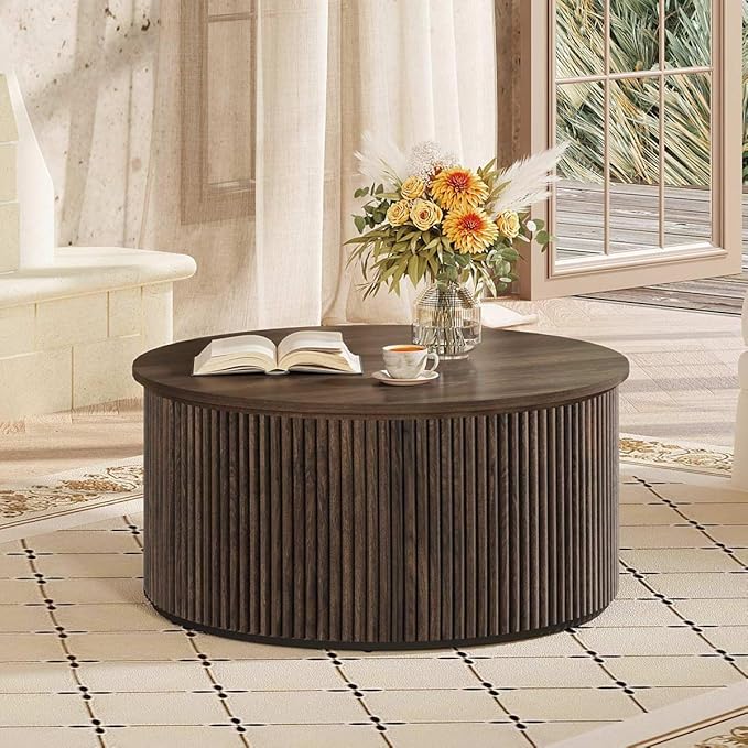 FATORRI Round Coffee Table, Fluted Woodern Center Table with Storage, Mid-Century Modern Cocktail Tables for Small Space, Living Room, Bedroom (31.5 Inch, Dark Walnut)