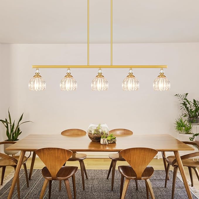 Gold Island Light for Kitchen, 5-Light Linear Chandelier for Kitchen Island with Tulip Glass Shades, Brushed Gold Finish Hanging Light Pendant Fixture Over Dining Table