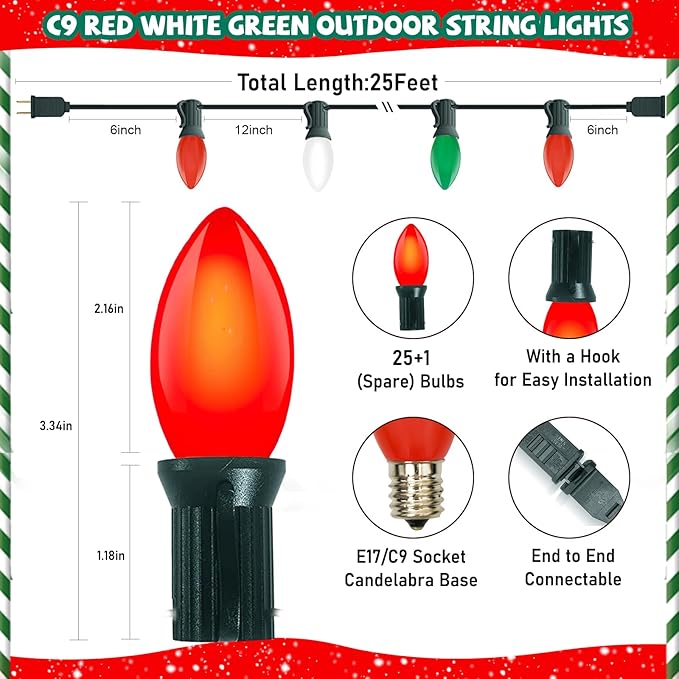 C9 Red Green White Christmas Lights, 25FT Multicolor Christmas Decorations String Lights with 26 Ceramics Bulbs, Connectable Vintage Xmas Tree Decor for Indoor Home Outdoor Patio Holiday Party Garden