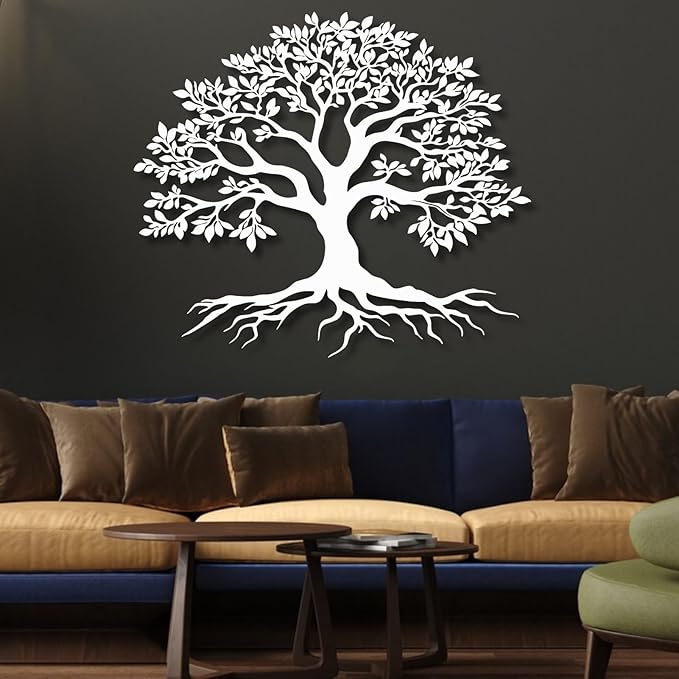 VTHTA Large Tree of Life Metal Wall Art,Tree Wall Sign for Living Room Bedroom Indoor Outdoor Garden Home Decoration (White, 47" Wx41 H/120x105cm, Metal Wall Art)
