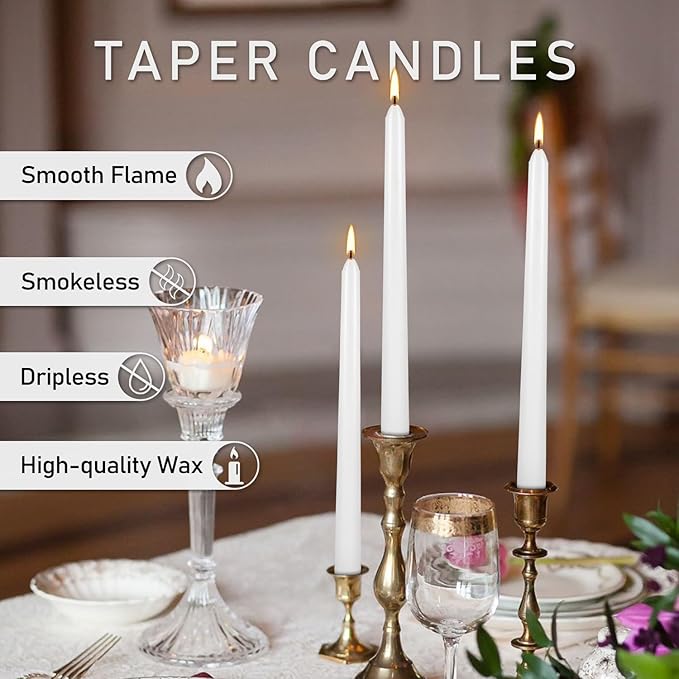 50 Pack White Taper Candles, 7-8 Hours Burn Time, Unscented, Smokeless and Dripless, 4/5 x 10 Inch for Christmas,Household,Dinner,Wedding,Valentine's Day,Party and Home Décor Candlesticks