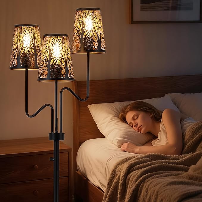 9MMML 3-Light Black Dimmable Floor Lamp for Living Room Bedroom 68'' Tall Standing Lamp with Metal Hollow Shades, 3 x E26 LED Bulb Included