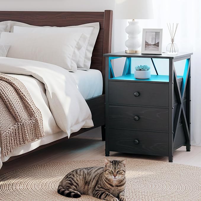 AMHANCIBLE Night Stand Set 2, LED Nightstand with Charging Station, End Side Tables with USB Port & Outlet, Bedside Table with Fabric Drawers for Bedroom Living Room, Black, HET053LBK