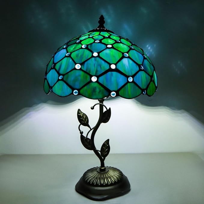 Stained Glass Table Lamp, Blue Green Style Metal Leaf Base Desk Reading Light 12X12X19 Inches Decor for Bedroom Living Room Office
