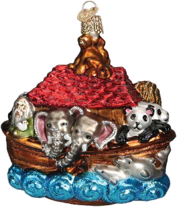 Old World Christmas Spiritual Gifts Glass Blown Ornaments for Christmas Tree Noah's Ark 4.25 Inches