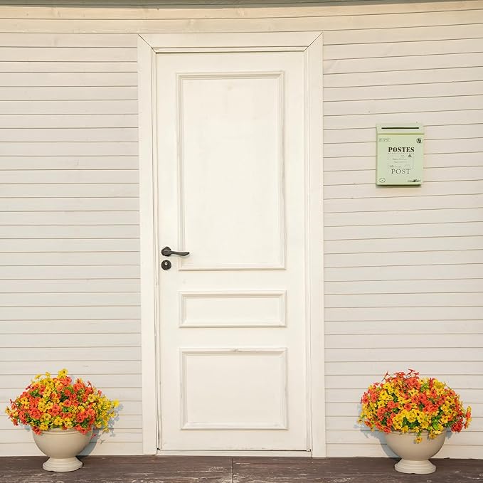 Artificial Fall Flowers for Outdoor Indoor Realistic Faux Flower Garden Home Decoration, Hanging Autumn Fall Decor Daisy with Eucalyptus Leaves Fake Plants Greenery Porch Patio Front Door Decors