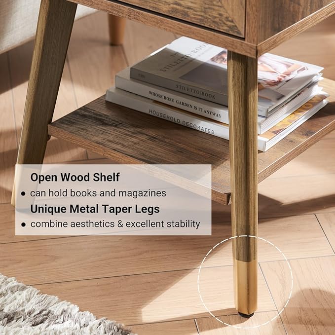 Mid Century Modern End Table for Living Room, Rustic Oak Small Side Tables with Charging Station, Outlets and USB Ports, Wood Nightstand with Storage Drawer and Open Shelf