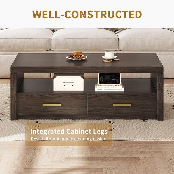 Coffee Table with Storage, 4 Storage Drawers Mid-Century Modern Rectangular Center Table, Retro Tea Table with Open Display Area for Bedroom, Living Room