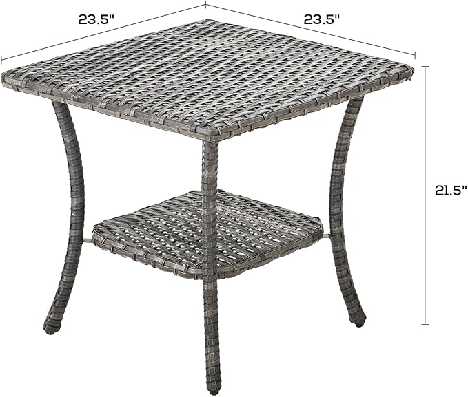 Rilyson Patio Tables Outdoor Coffee Table - Wicker Rattan Side Tables with 2-Tier Storage Shelf End Table for Porch Deck Balcony Garden Outside Square Mixed Grey