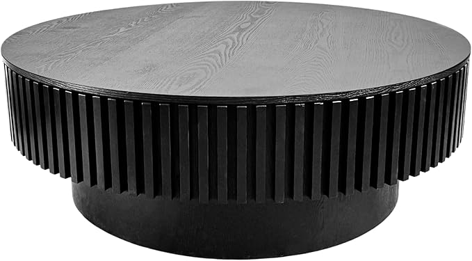 39" Round Coffee Table with Hidden Storage Compartment, Modern Handcraft Fluted Drum Coffee Table, Wooden Circle Center Table Cocktail Tea Table with Sturdy Pedestal for Living Room, Black