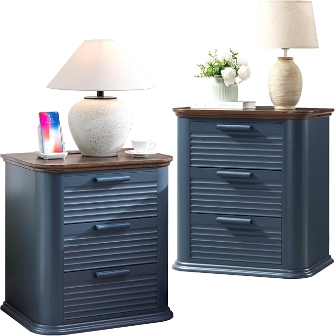 Okvnbjk 22" Wide Fluted Nightstand Set of 2 with Charging Station, Mid Century Modern End Table for Living Room, Bedroom, Home Office, Wood Curved 3 Drawer Dresser, Large Bedside Tables, Navy Blue