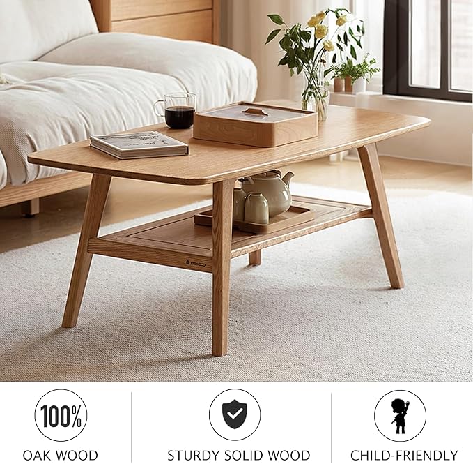 Oak Wood Coffee Table - 2-Tier Wooden Center Table for Living Room,Apartment, and Office, Farmhouse Rustic Rectangle Table, Easy Assembly,47 Inch