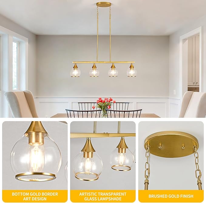 Island Light for Kitchen, 4-Light Gold Kitchen Island Linear Hanging Pendant Chandeliers, Brushed Gold Dining Room Light Fixture Over Table with Clear Round Glass Shades