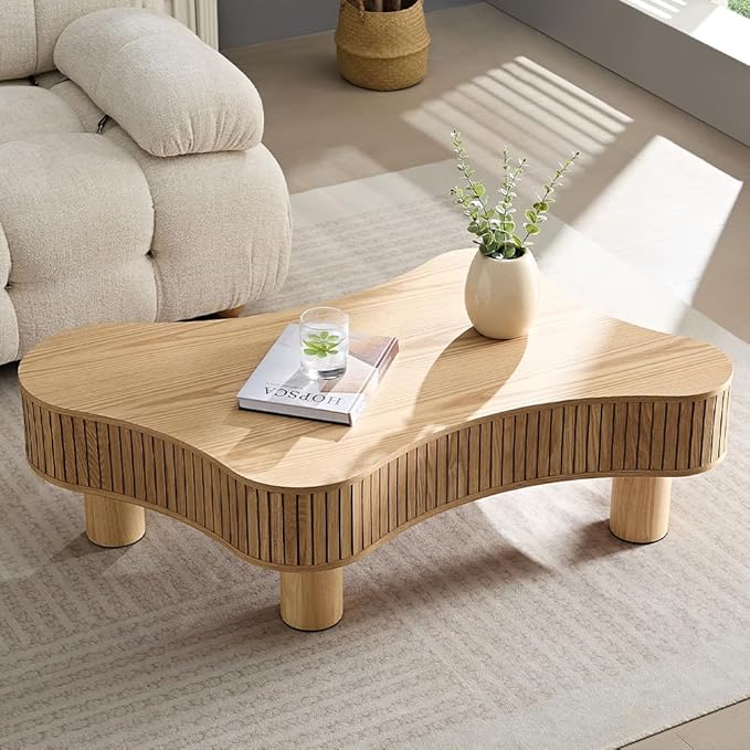 WILLIAMSPACE 42.52" Wooden Coffee Table, Modern Luxury Handcraft Wood Circle Drum Coffee Table for Living Room, Accent Center Table Side Table with Solid Wood Leg for Apartment (Natural)