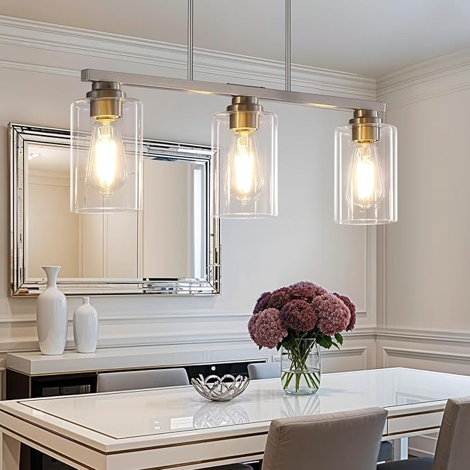 Island Light for Kitchen, Brushed Nickel Dining Room Light Fixture Over Table, 3-Light Linear Chandelier Pendant Lighting for Dining Table Kitchen Island Living Room