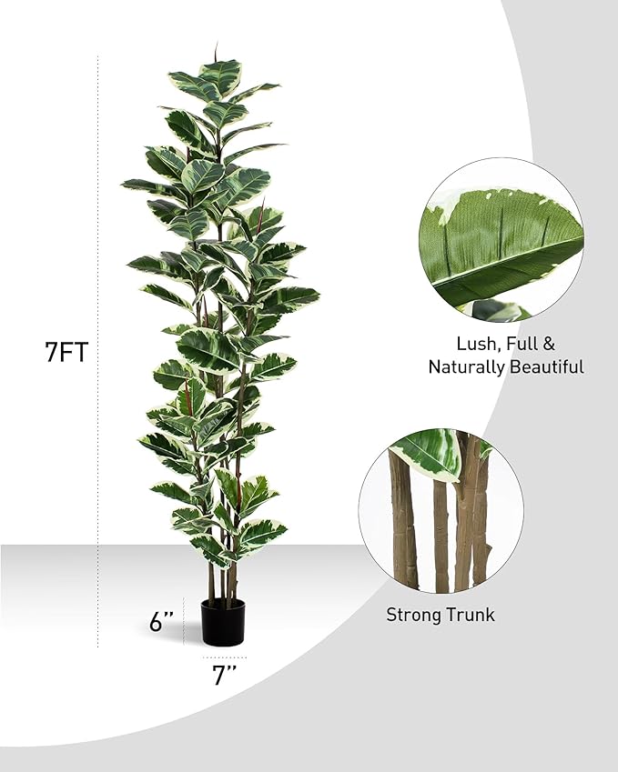 Artificial Rubber Tree Plant 7ft Tall Faux Ficus Tree Potted Fake Tropical Plants Decorative House Plants Large Floor Artificial Trees for Home Office Store Room Decor