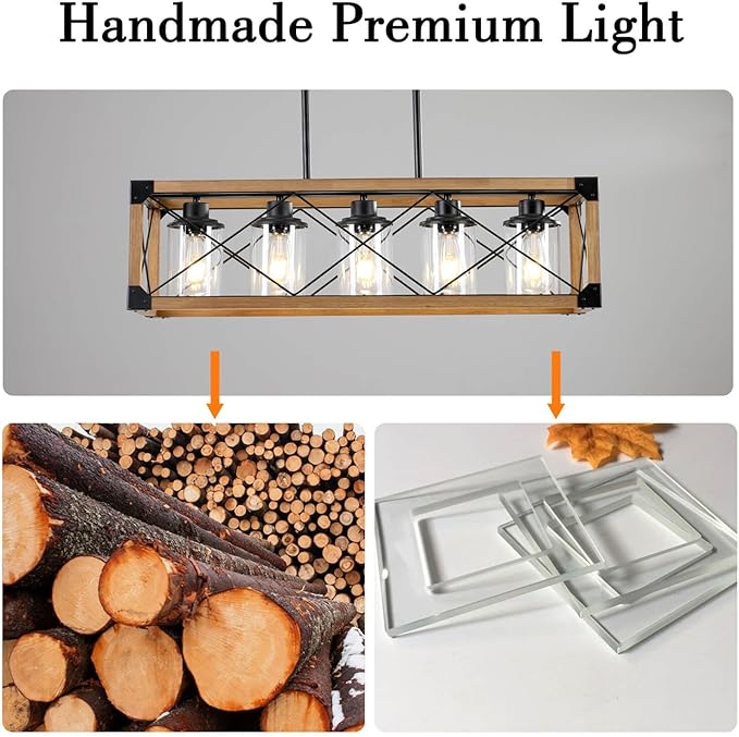 Rustic Hanging Lights Fixture Farmhouse Chandeliers for Dining Room Kitchen Island Light Fixtures 5-Light Wood Chandelier Over Dining Table with Clear Glass Shade-Walnut