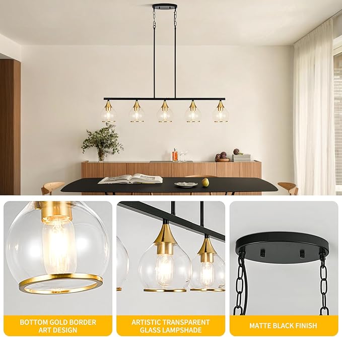 Island Light for Kitchen, 5-Light Black Kitchen Island Linear Hanging Pendant Chandeliers, Black and Gold Dining Room Light Fixture Over Table with Clear Round Glass Shades