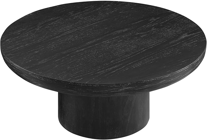 36" Round Coffee Table with Cylindrical Leg,Modern Wood Coffee Table with MDF and Veneer Finish, Retro Style Center Table for Living Room and Office (Black)