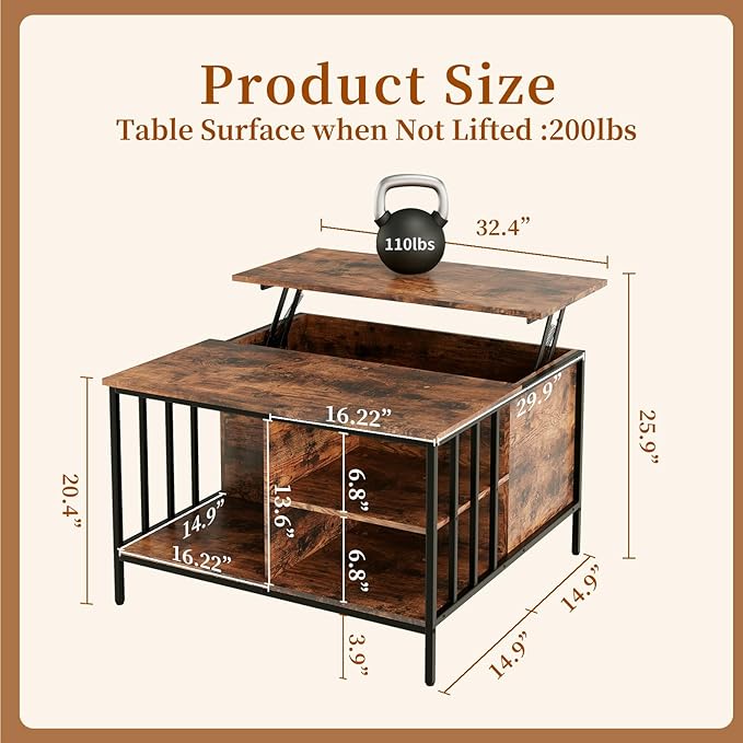AQY 32.4" Lift Top Coffee Table with Storage, Square Coffee Tables for Living Room, Modern Farmhouse Heavy Duty Coffee Table with Large Hidden Compartment and Storage Shelves,Assembly Required