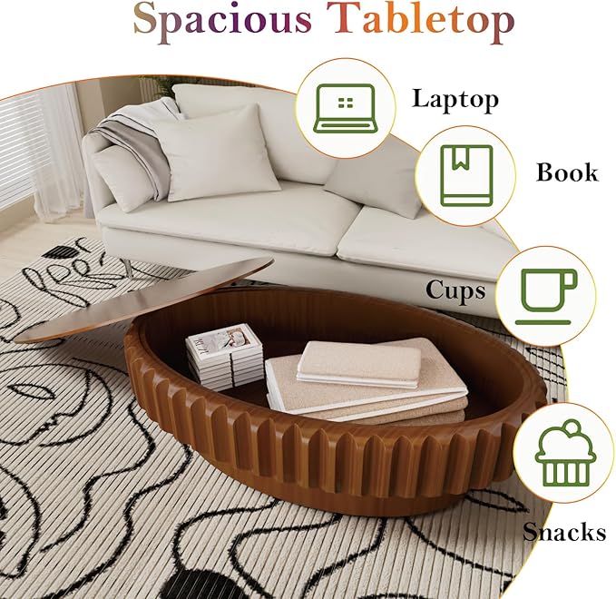 43.3" Oval Drum Coffee Table with Storage Retro Rustic Center Tables - Solid Wood Handcrafted Relief Veneer for Farmhouse Apartment (C Oval 43.3in)