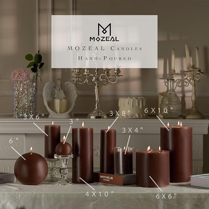 MOZEAL 3" x 4" Hand-Poured Unscented Candle,Dripless Pillar Candle Set of 3,Long Clean Burning,Approx 72 Hours Burn Time,Rustic Country Style,Wedding,Dinner,Christmas and Home Decor,Brown