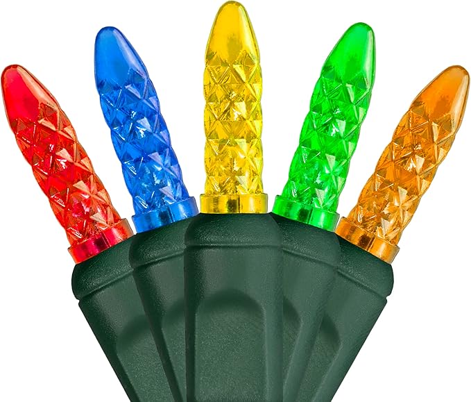 M5 LED Mini Ice Multicolor Prelamped Light Set, Green Wire - 70 M5 Multi Color LED Christmas Lights, 4" Spacing