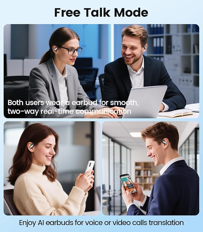 AI Translation Earbuds Real Time 164 Languages Translator Ear Buds Audifonos Traductores Inglés Español 4-in-1 Wireless Headphones Bluetooth Earphones for Travel Business Meeting Learning Black