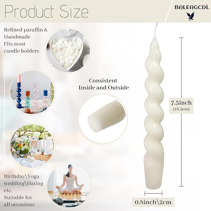 Smokeless Short Candles Elegant Ivory Twisted Spiral Candles 7.5 Inch Unscented Candlesticks Handmade Taper Candles 4 Pcs for Holiday Gifts Romantic Dinner Decoration
